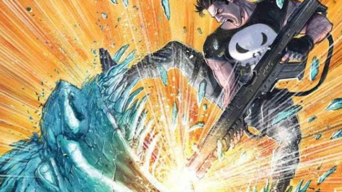 The Punisher shooting a gun into the mouth of an ice monster as seen in Marvel Comics.