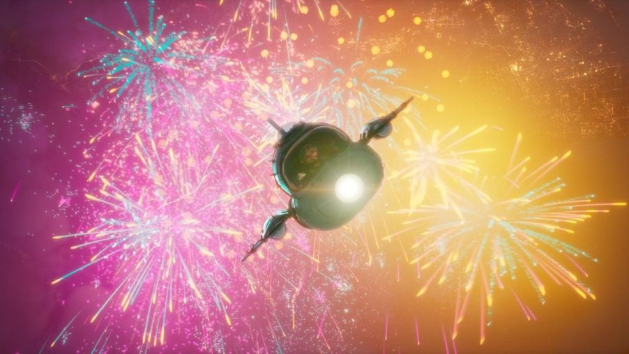 Fei Fei flys in her rocket as fireworks explode in the sky as seen in Glen Keane's 'Over the Moon.'