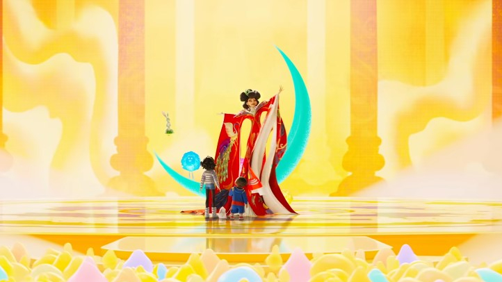 Fei Fei and Chin meet Chang'e in a beautiful palace on Lunaria in 'Over the Moon.'