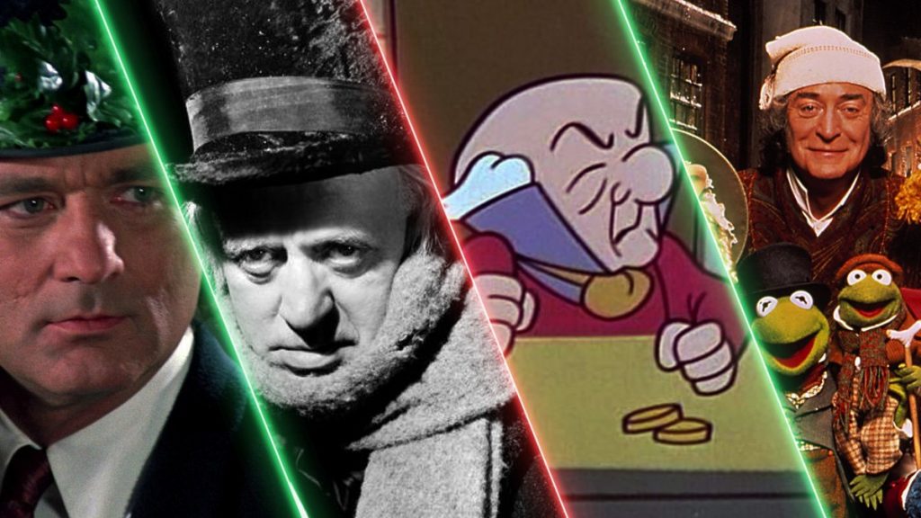 A collage of the different versions of Scrooge from A Christmas Carol throughout film history.