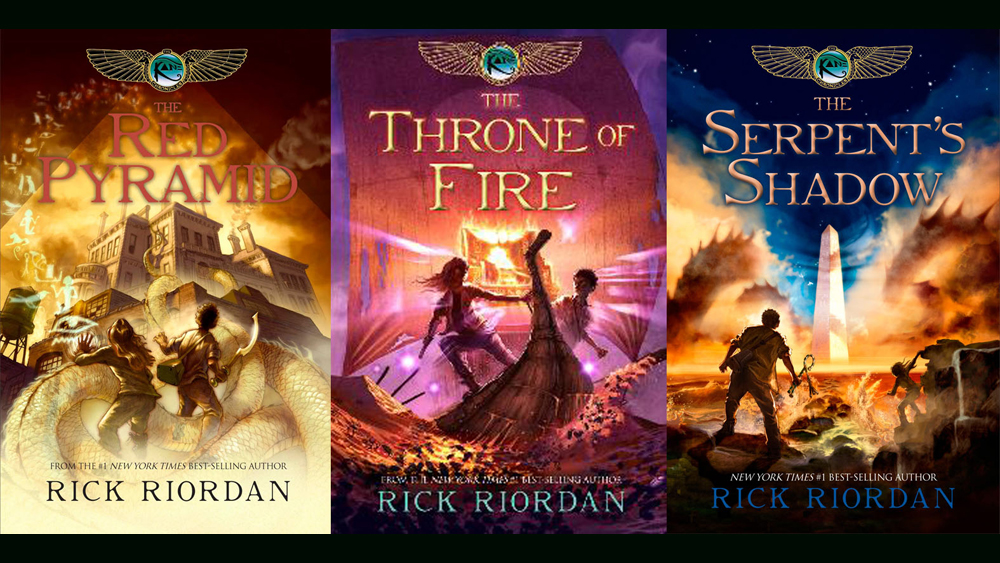 A collage of the book covers of the Kane Chronicles trilogy. 