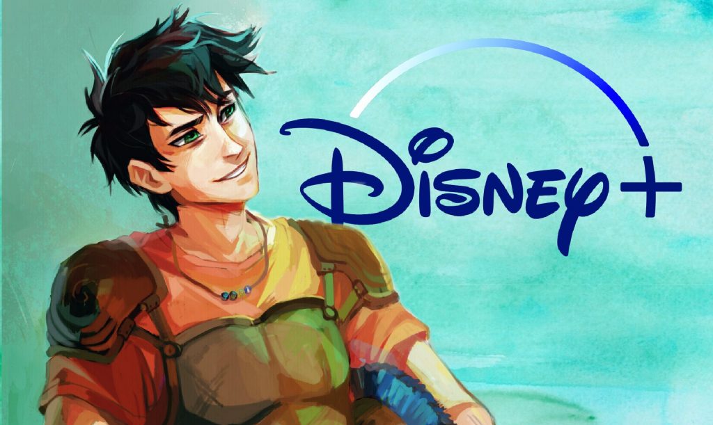 A graphic of Percy Jackson next to the Disney+ logo, the novel series is getting a new live-action adaptation on Disney's streaming service.