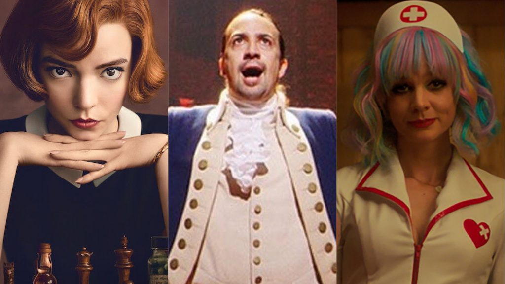 A collage of 2021 Golden Globe nominees The Queen's Gambit, Hamilton, and Promising Young Woman.