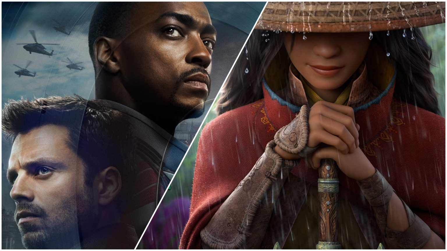 A poster collage of Raya and the Last Dragon and The Falcon and the Winter Solider, both coming to Disney+ in March 2021.