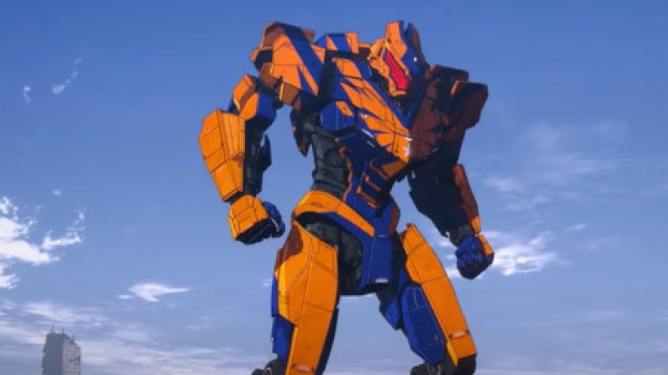An old giant orange and blue Jaeger as seen in Pacific Rim: The Black.