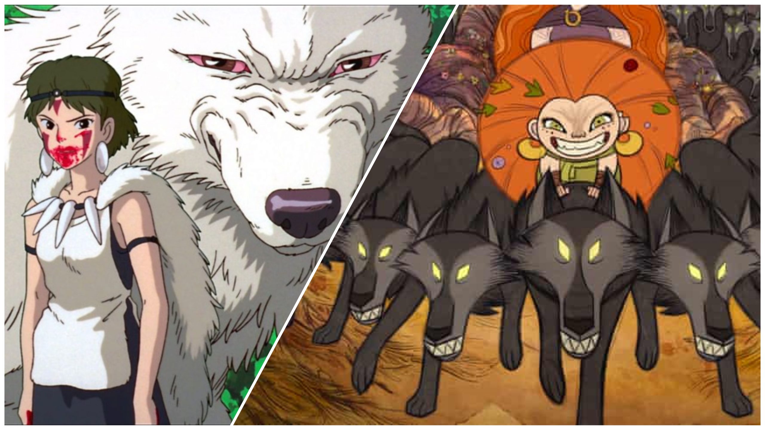 A collage of Studio Ghibli's Princess Mononoke and Wolfalkers directed by Tomm Moore and Ross Stewart.