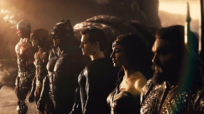 Cyborg, the Flash, Batman, Superman, Wonder Woman, and Aquaman as seen in Zack Snyder's Justice League.