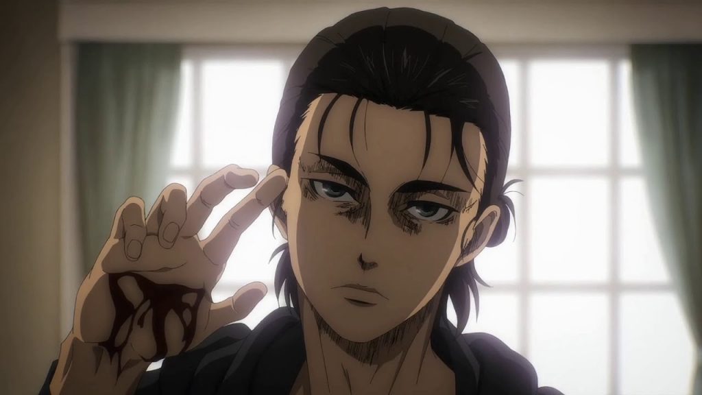 Eren Yeager, protagonist of Attack on Titan, holds out his hand, a cut gashed down the palm