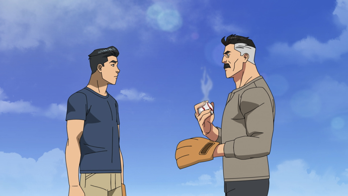 Mark Grayson played by Steven Yeun and Nolan Grayson played by J.K. Simmons in Invincible playing catch.