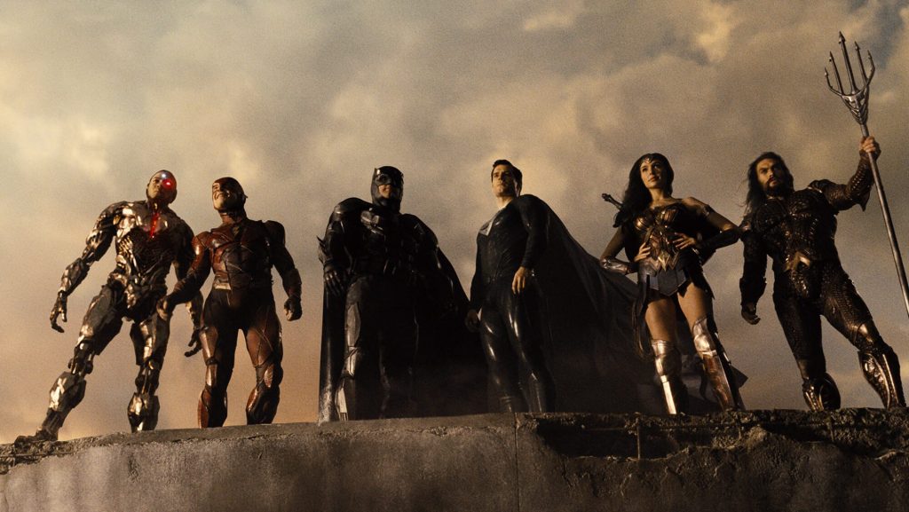 Cyborg, Flash, Batman, Superman, Wonder Woman, and Aquaman posing together as seen in Zack Snyder's Justice League with music by Junkie XL.