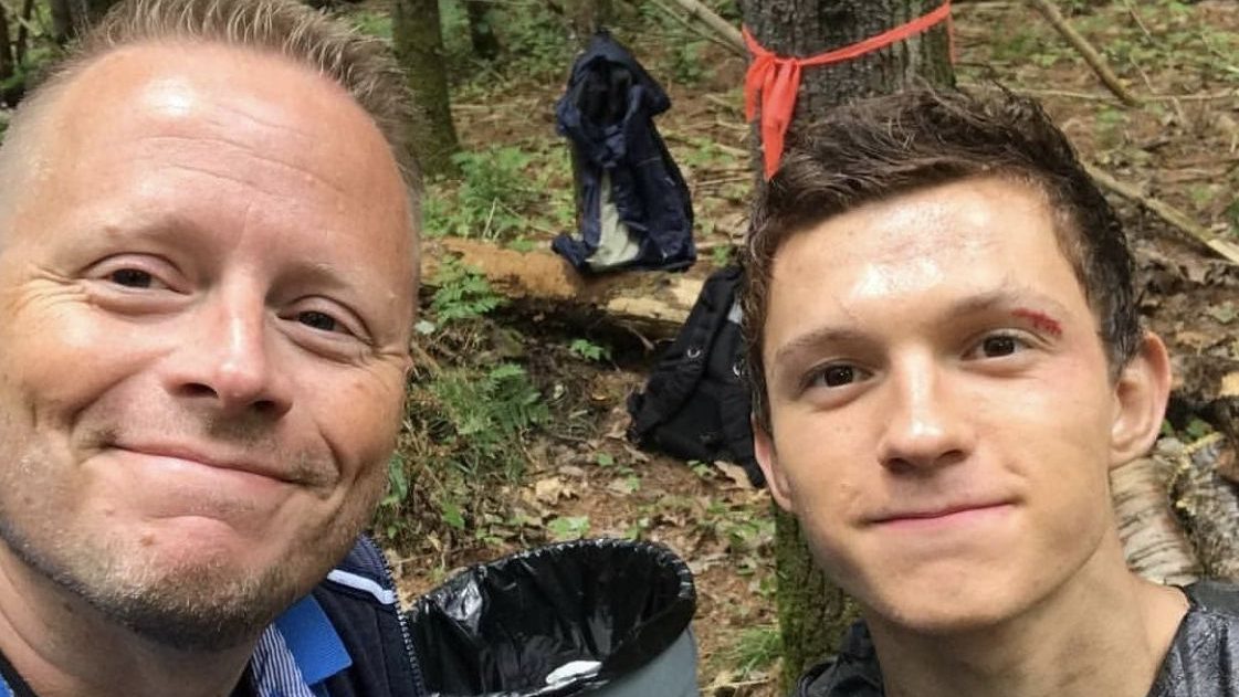 Writer Patrick Ness with leading star Tom Holland on the set of Chaos Walking.