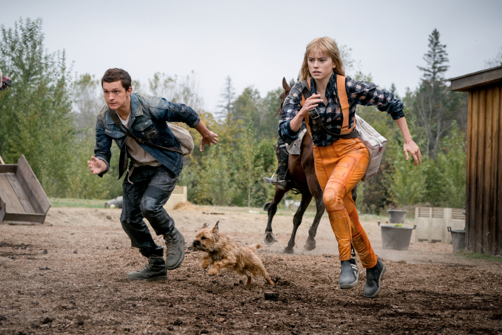 Tom Holland and Daisy Ridley and a small dog in action as seen in Chaos Walking.