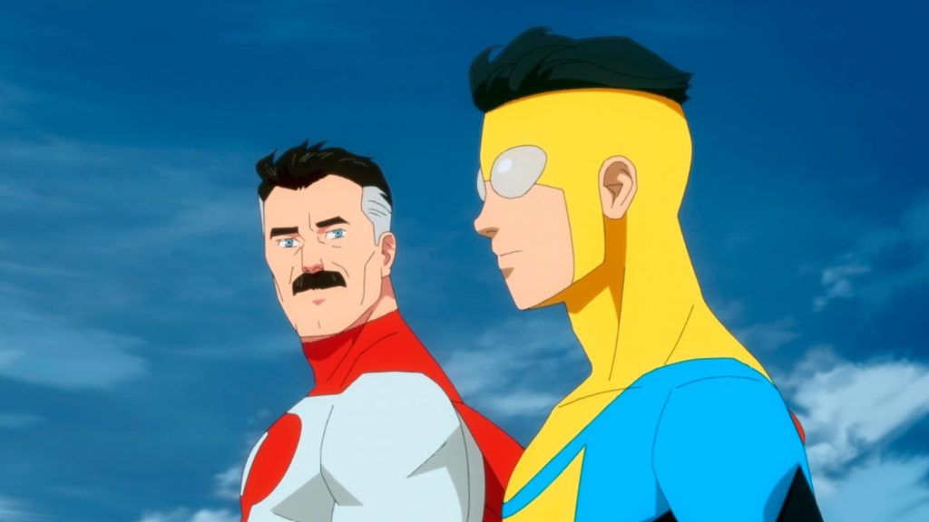 Invincible voiced by Steven Yeun and Omni-Man voiced by J.K. Simmons in the Amazon animated series Invincible.