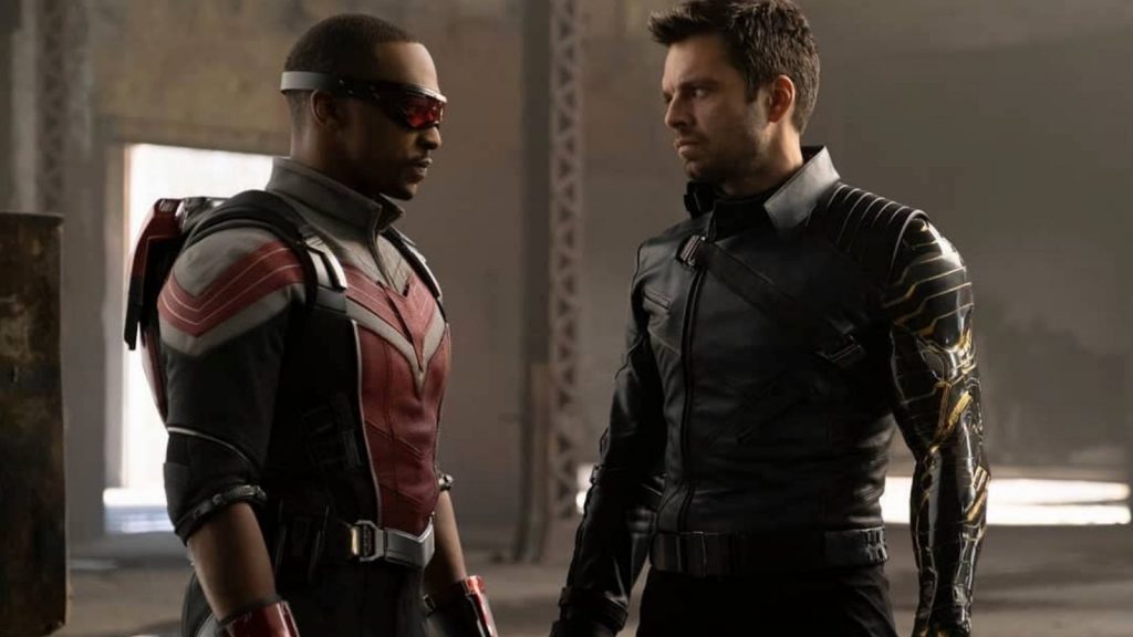 Anthony Mackie as Sam Wilson and Sebastian Stan as Bucky Barnes side by side in costume as seen in The Falcon and the Winter Soldier.