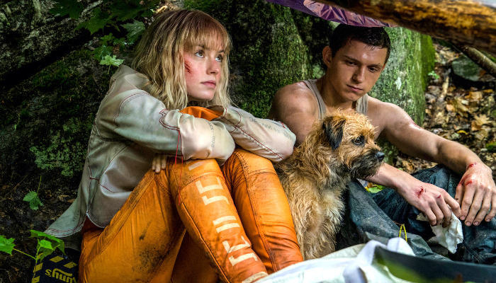 Daisy Ridley, Tom Holland, and their small dog resting under a forest tree as seen in Chaos Walking.