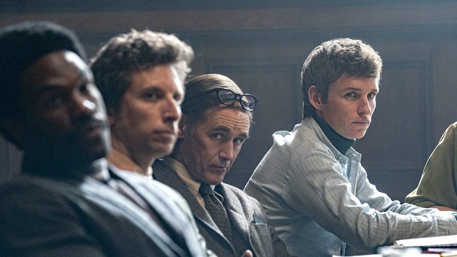 Yahya Abdul-Mateen II, Mark Rylance, and Eddie Redmayne as seen in The Trial of the Chicago 7 on Netflix.
