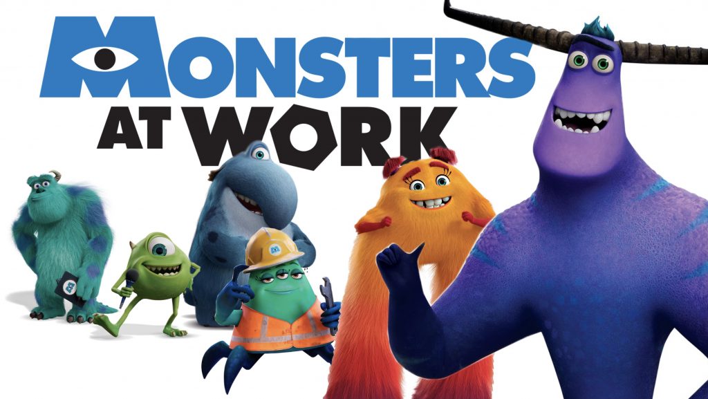 The main cast of Monsters at Work including Mike and Sully, Tylor Tuskmon, Fritz, Val Little, and Cutter.