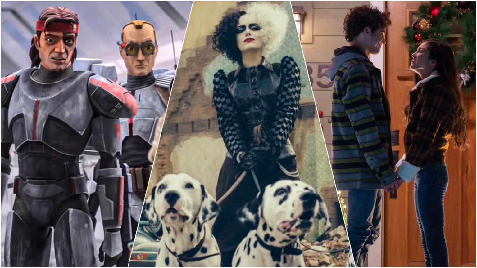 A collage featuring Star Wars: The Bad Batch, Cruella, and High School Musical the Musical season two, all coming to Disney+ in May 2021.