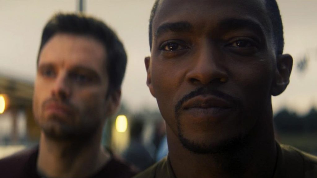 A close up of Anthony Mackie and Sebastian Stan as seen in the first season finale of The Falcon and the Winter Soldier.