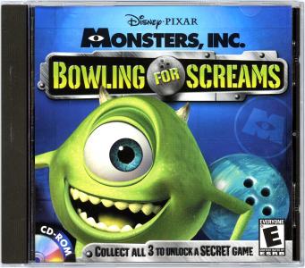 The cover for the Bowling for Screams tie-in CD-ROM game for Monsters Inc. featuring Mike Wazowski.
