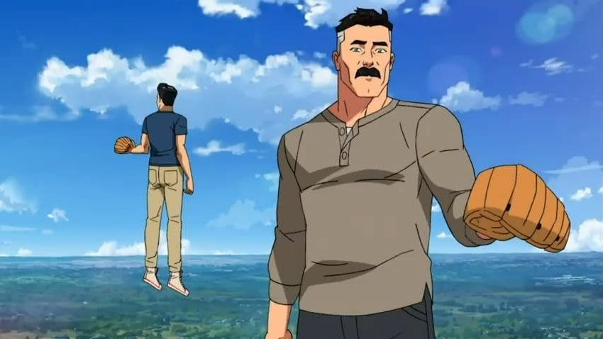 Invincible voiced by Steven Yeun and Omni-Man voiced by J.K. Simmons playing catch with baseball gloves in the sky as seen in the Amazon animated series Invincible.