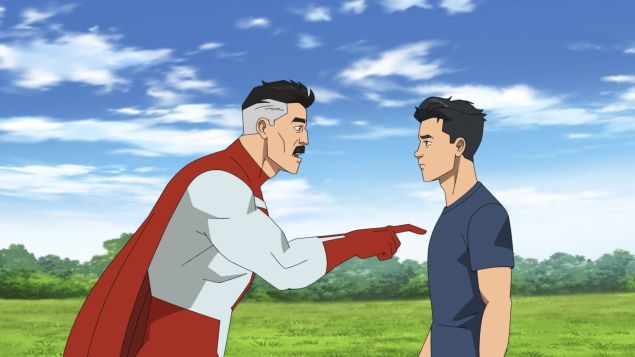 Invincible voiced by Steven Yeun and Omni-Man voiced by J.K. Simmons having a heart to heart conversation in the Amazon animated series Invincible. 