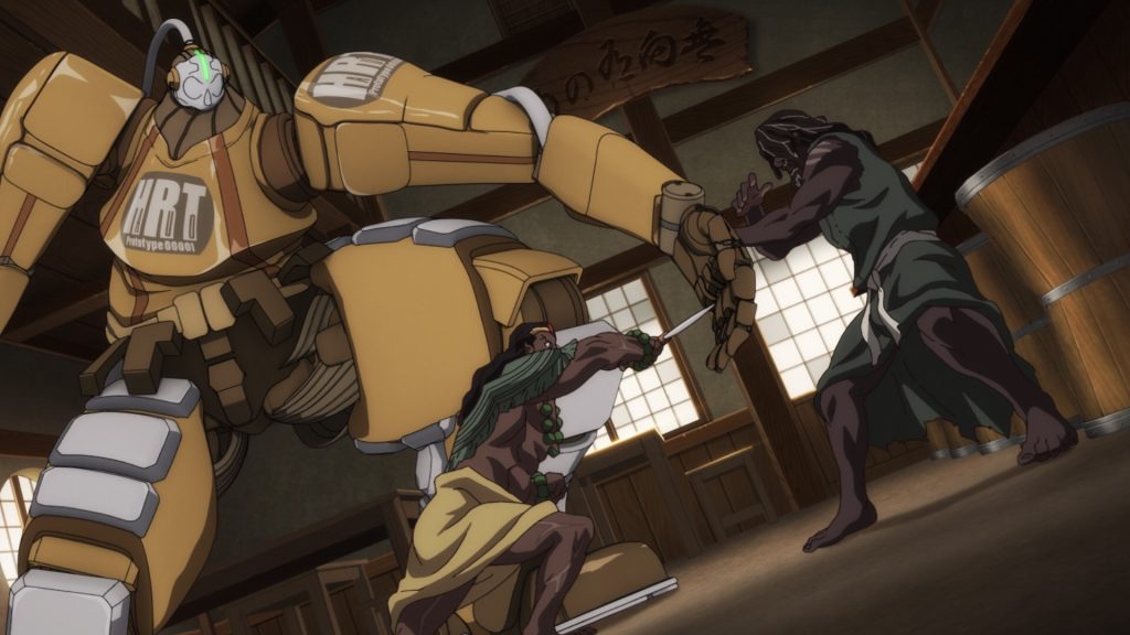 Yasuke voiced by LaKeith Stanfield fighting a mecha as seen in the Netflix anime series created by LeSean Thomas.