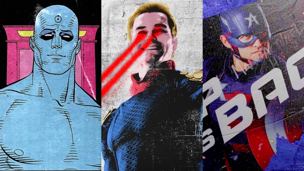 A collage showing Doctor Manhattan from Watchmen, Homelander from The Boys, and John Walker from The Falcon and the Winter Solider.
