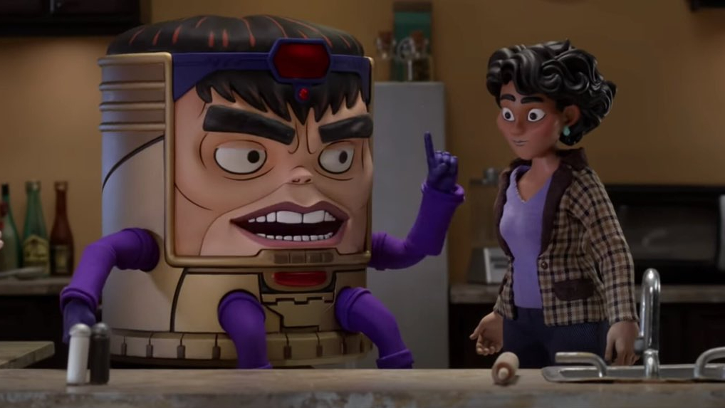 M.O.D.O.K. voiced by Patton Oswalt talking to his wife jodie as in their kitchen as seen in the new animation stop motion series on Hulu.