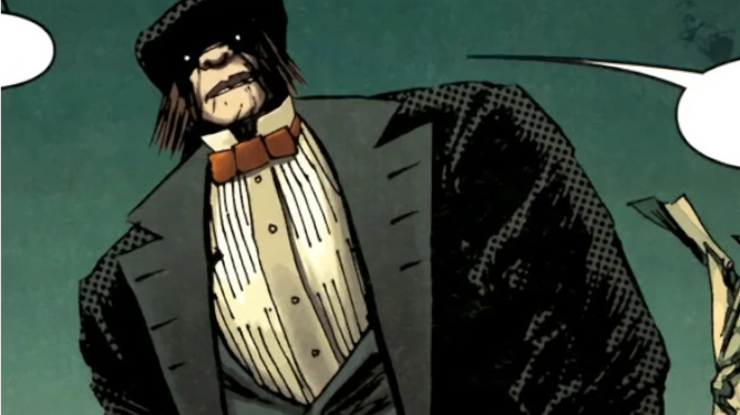 Mister Hyde stands in front of a green sky. His hat causes shade to fall down over the top of his face, making his eyes appear as white dots. He makes our top prediction for who Ethan Hawke will be playing in Moon Knight on Disney+. 