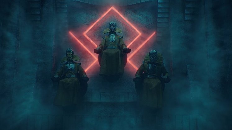The cosmic timekeepers sitting as a trinity as seen in Episode 4 of LOKI on Disney+.