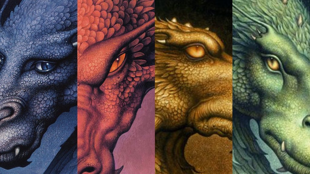 The colorful dragon book covers of Christopher Paolini’s Inheritance Cycle series, featuring ERAGON which would find a perfect home on Disney+.