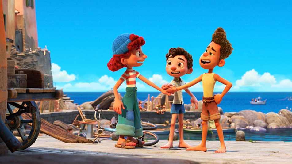 Giulia, Luca, and Alberto making a friendship pact on the italian seaside as seen in the new Pixar film streaming on Disney+, LUCA.