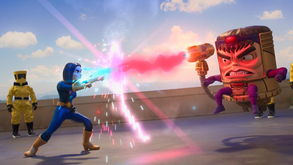 M.O.D.O.K. fighting his AIM second in command with laser as seen in the new Marvel Hulu series created by Jordan Blum.