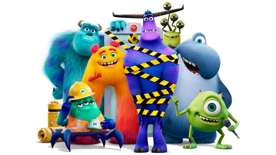 Mike and Sulley with the new monster cast of MONSTERS AT WORK as seen in the new Pixar series on Disney+.