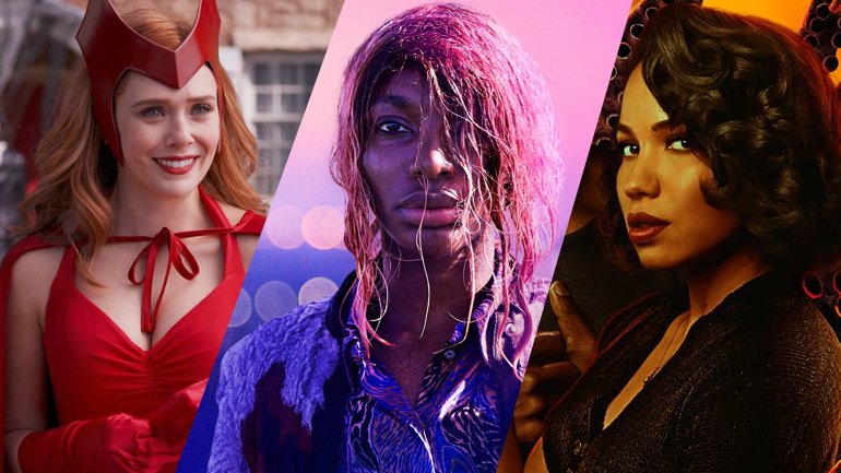 A collage showing Elizabeth Olsen from WANDAVISION, Michaela Cole from I MAY DESTROY YOU, and Jurnee Smollett from LOVECRAFT COUNTRY, all making our first round of 2021 Emmy Predictions.