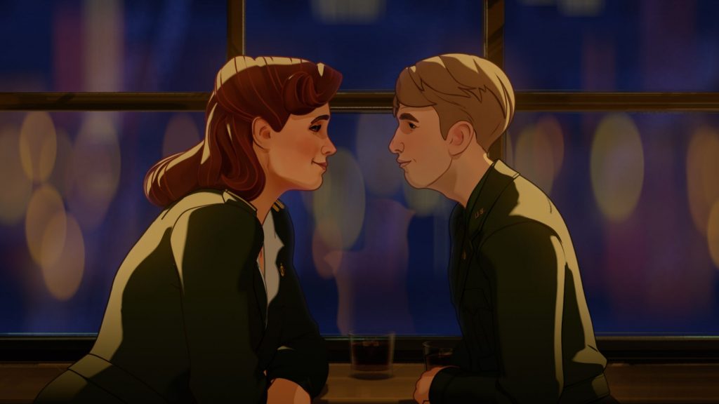 Peggy Carter voiced by Hayley Atwell and skinny Steve Rogers voiced by Josh Keaton sharing an intimate moment at a bar as seen in the new Marvel animated series on Dsiney+ WHAT IF...?