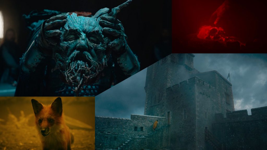 A collage of stills from THE GREEN KNIGHT featuring dark castles, a talking fox, the beheaded Green Knight and blood red skulls.