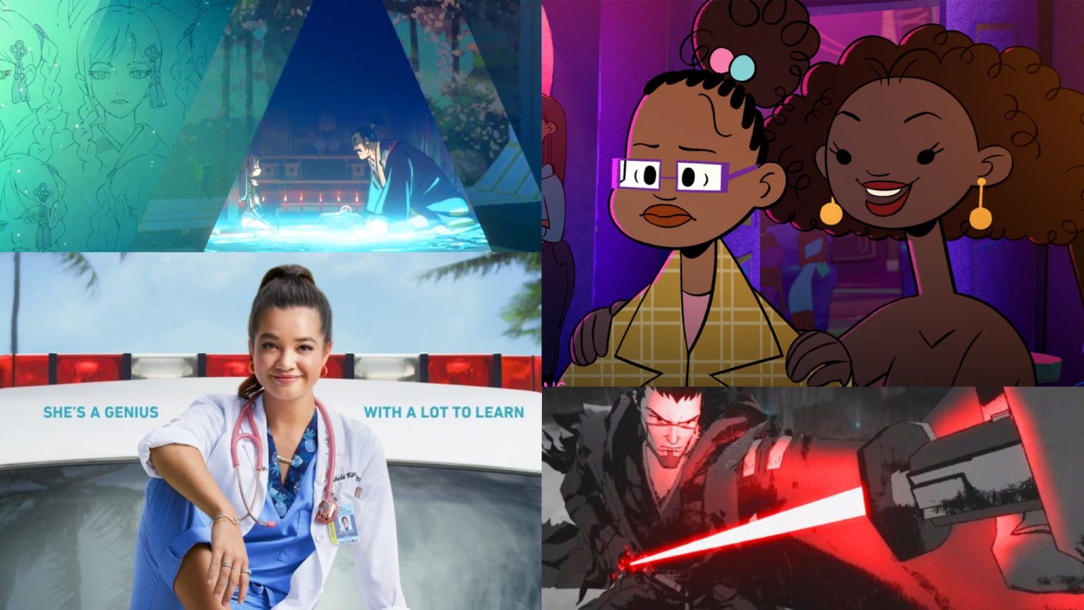 A collage of the new comedy Doogie Kameāloha, M.D. and the new anime series Star Wars: Visions, both coming to Disney+ September 2021.