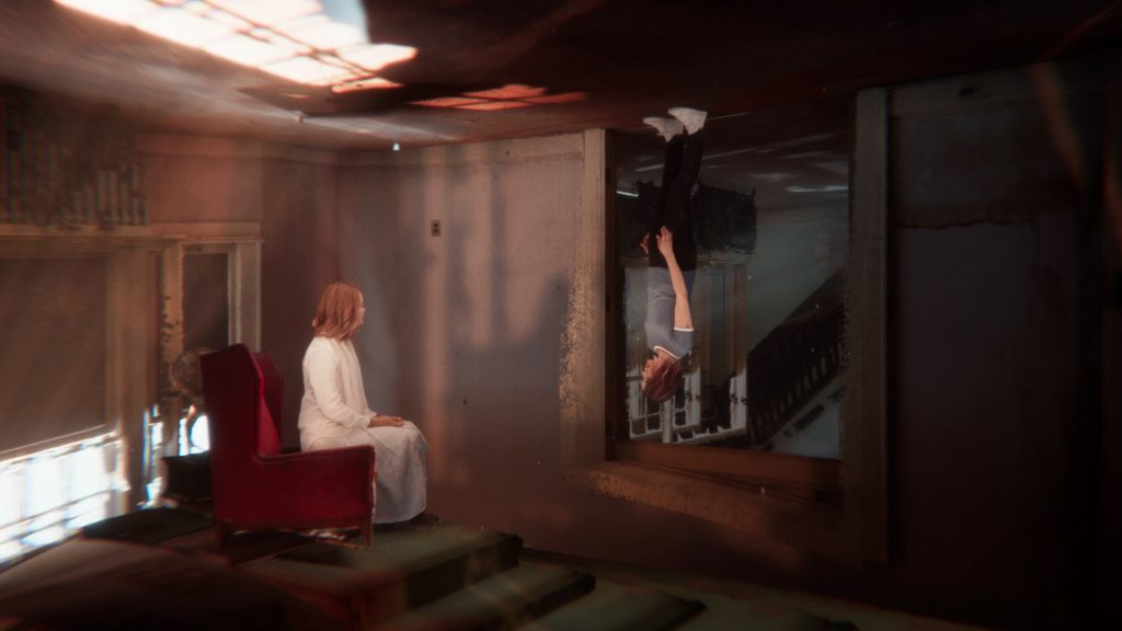 Two woman come face to face in a living room as one is walking upside down on the ceiling as captured through volumetric technology in DEMONIC directed by Neill Blomkamp. 