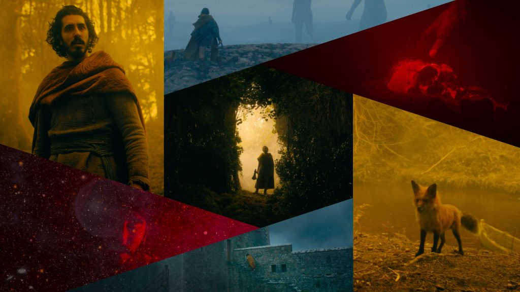 A collage of stills featuring colorful landscapes, Dev Patel, talking foxes, and blood red dreams as seen in THE GREEN KNIGHT from A24.