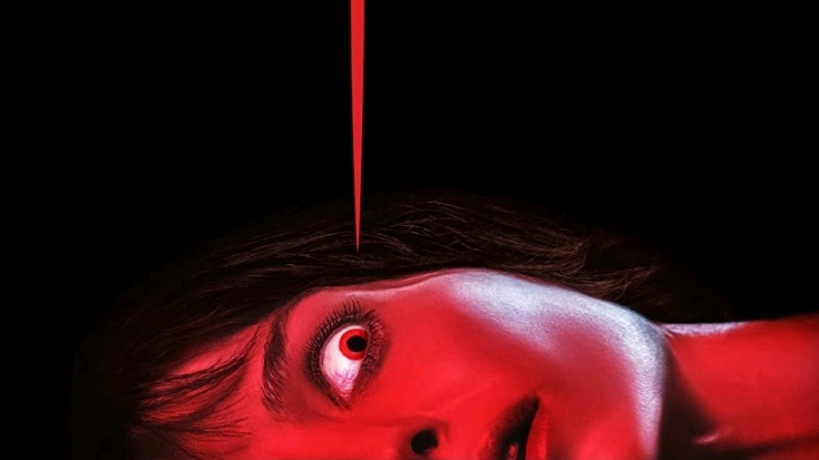 The bloody neon red poster for MALIGNANT directed by James Wan, coming to HBO Max September 2021.
