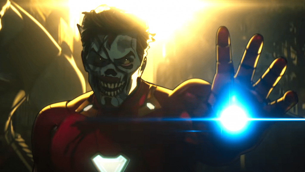 The Marvel Zombies version of Tony Stark in bloody Iron Man armor raising his hand repulsor beam as seen in the new Marvel animated series on Disney+ WHAT IF...?