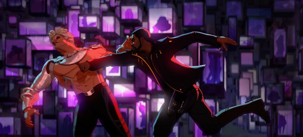 T'Challa Star-Lord voiced by Chadwick Boseman faces off against The Collector from Guardians of the Galaxy as seen in the animated Marvel series on Disney+ WHAT IF...?