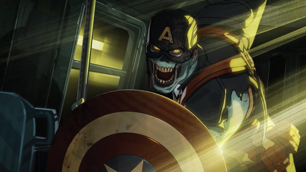 Zombie Captain America attacks with his shield as see in episode 5 of WHAT IF...? on Disney+