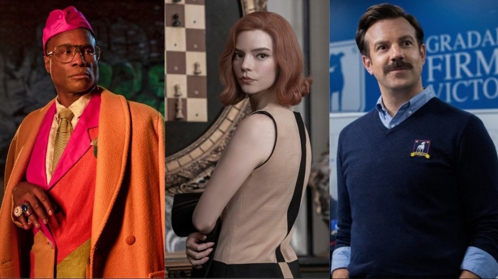 A collage of Billy Porter in POSE, Anya Taylor-Joy in THE QUEENS GAMBIT, and Jason Sudeikis in TED LASSO, all leading our final round of predictions for the 2021 Emmys.