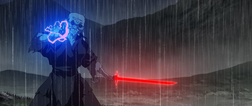 The Elder from STAR WARS: VISIONS holds a red, blade-shaped lightsaber in one hand while blue lightning crackles from his other one. His eyes are black with white dots in the middle and he wears black robes.