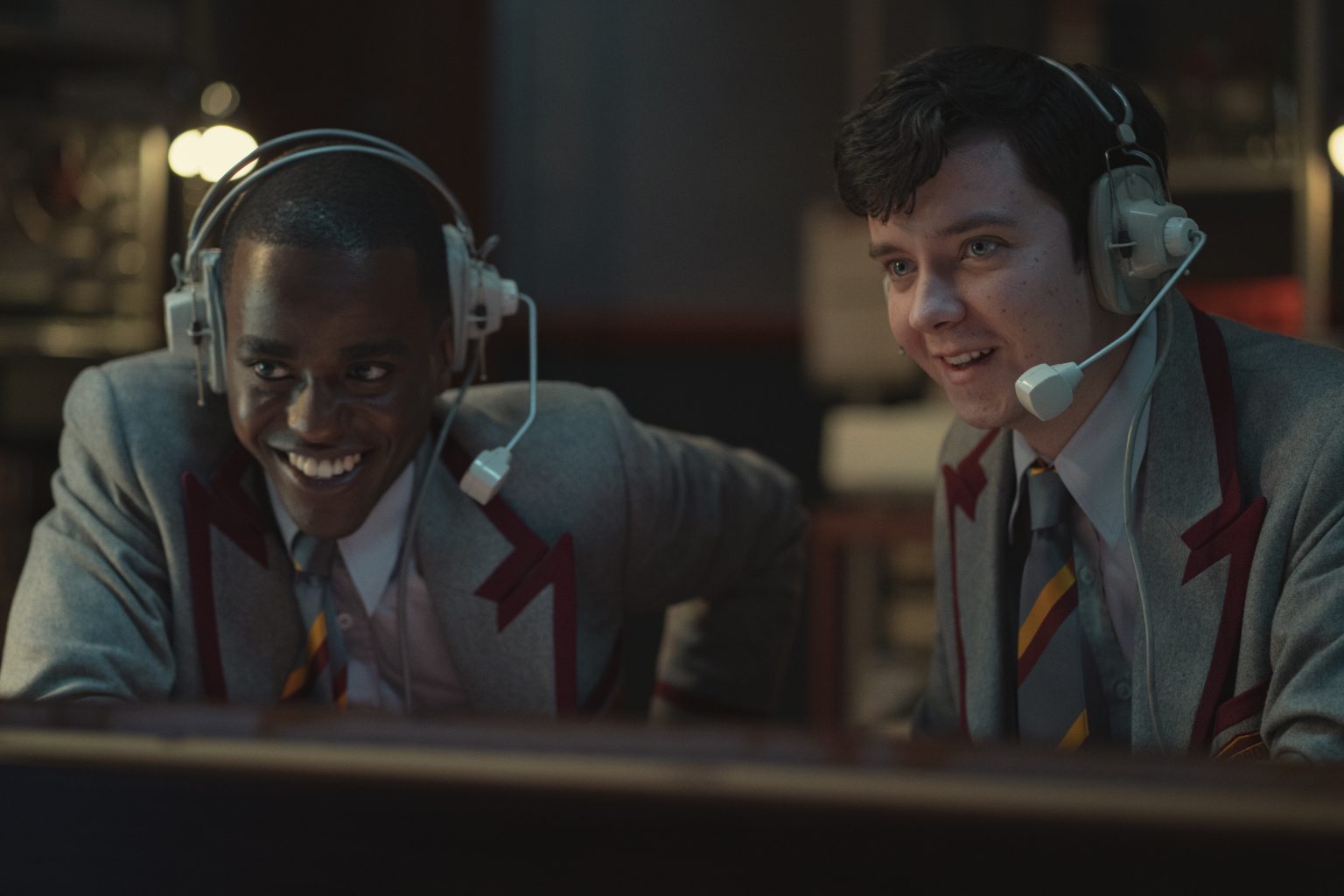 Ncuti Gatwa and Asa Butterfield in the new school uniforms for SEX EDUCATION season 3 on Netflix.