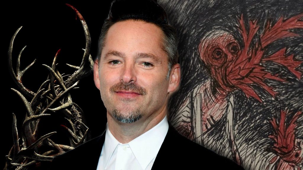 An original graphic of director Scott Cooper next to horrifying black and bloody red drawings of the man-eating Wendigo as seen in his new horror film produced by Guillermo Del Toro ANTLERS.