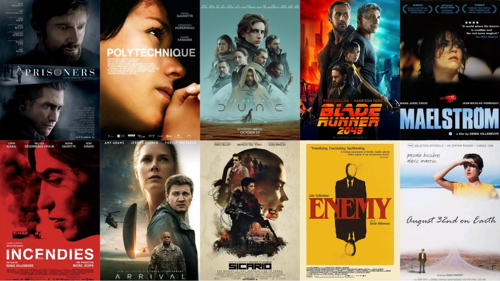 A graphic of the posters from all 10 feature films directed by visionary Denis Villeneuve, made for our special ranking of his filmography.